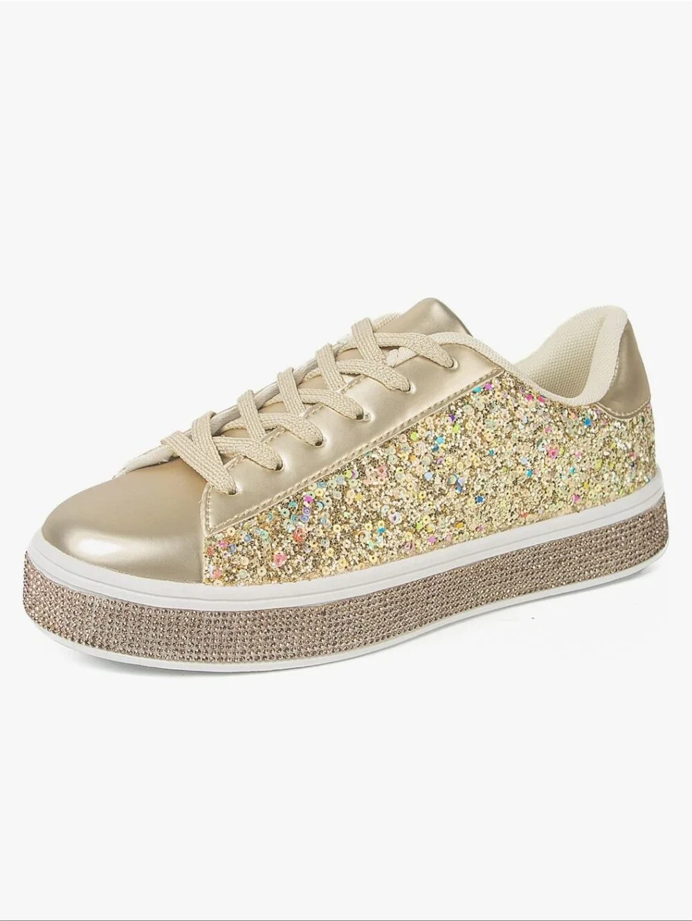 Uubaris Sparkling Glitter Rose Gold Lace Up Fashion Sneakers Size 7.5